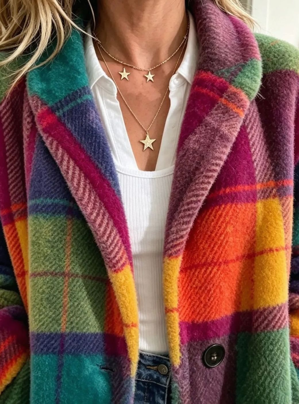 Women's Multicolour Checked Fleece Button-Up Coat