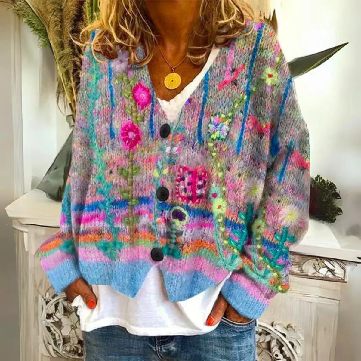 Women's Multicolour Floral Embroidered Button-Up Knit Sweater Cardigan - Blue