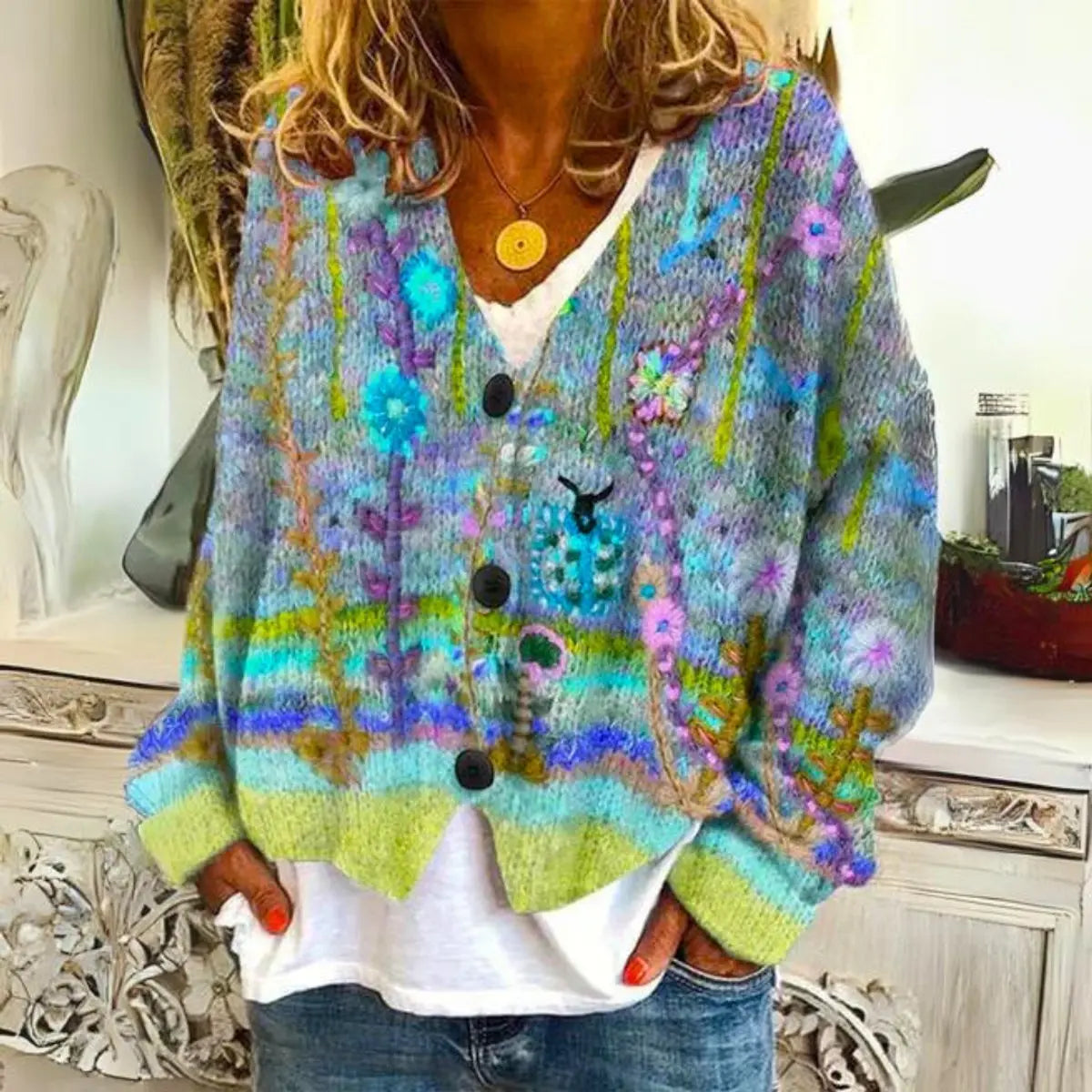 Women's Multicolour Floral Embroidered Button-Up Knit Sweater Cardigan - Green