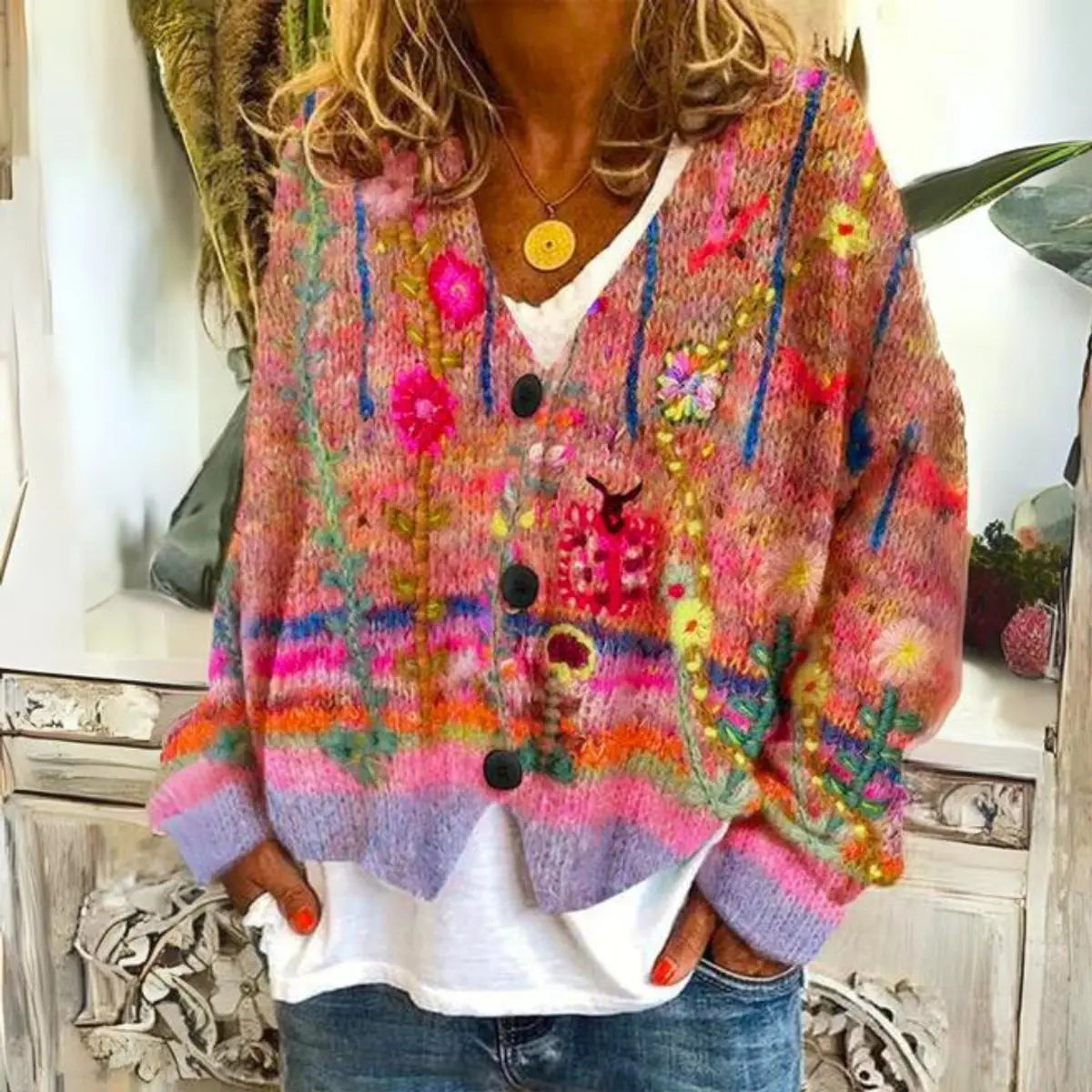 Women's Multicolour Floral Embroidered Button-Up Knit Sweater Cardigan - Red