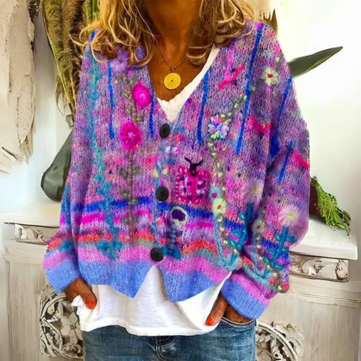 Women's Multicolour Floral Embroidered Button-Up Knit Sweater Cardigan - Purple
