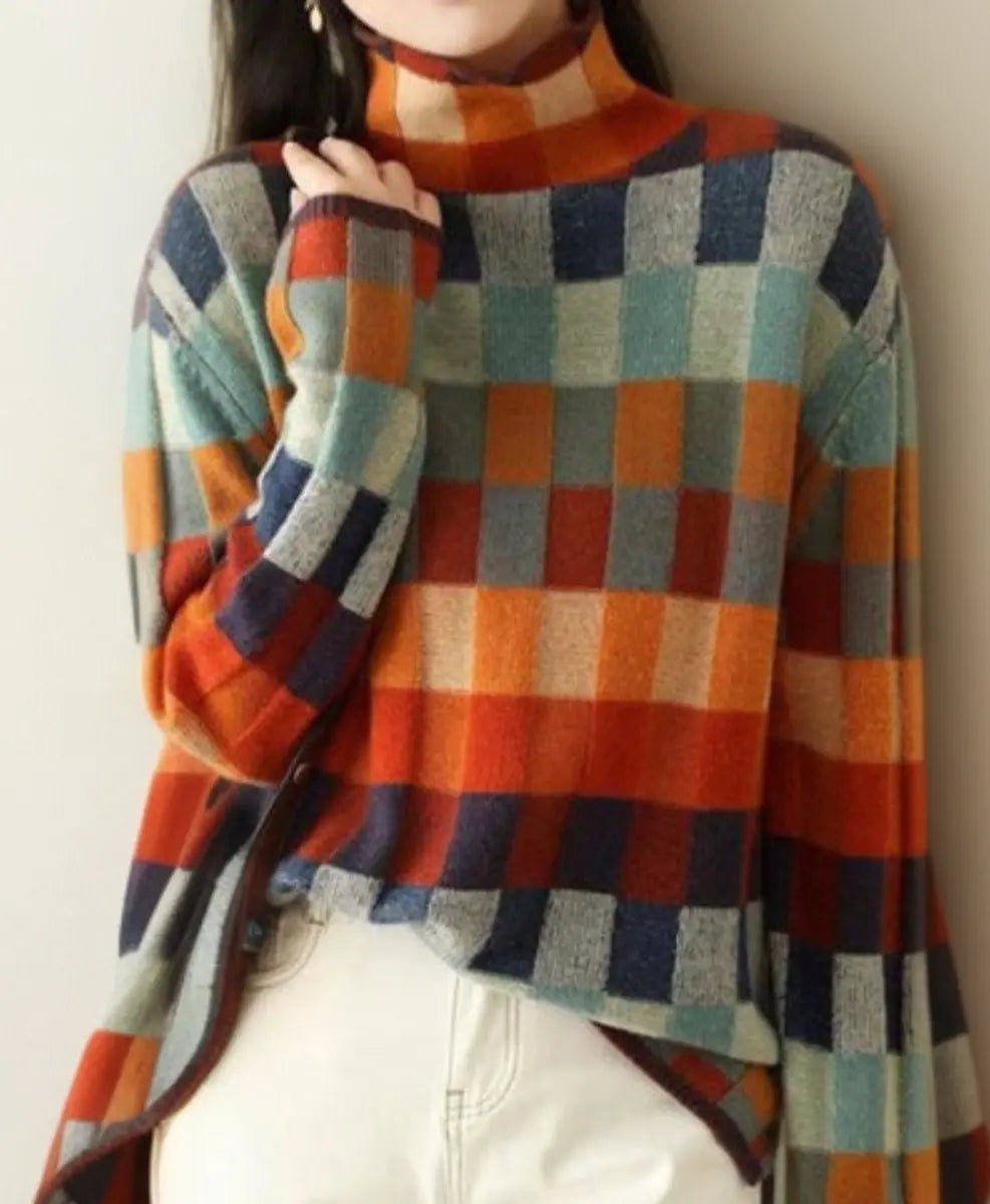 Women's Multicolour Turtleneck Checked Knit Sweater Jumper