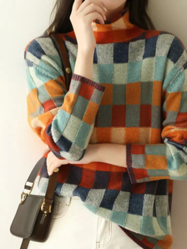 Women's Multicolour Turtleneck Checked Knit Sweater Jumper