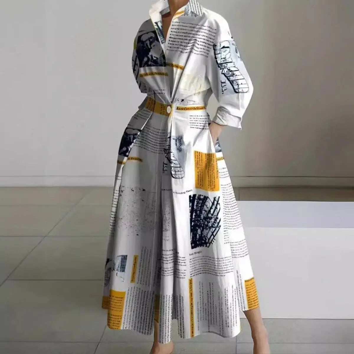 Women's Newspaper Print Collared Wrap Maxi Dress