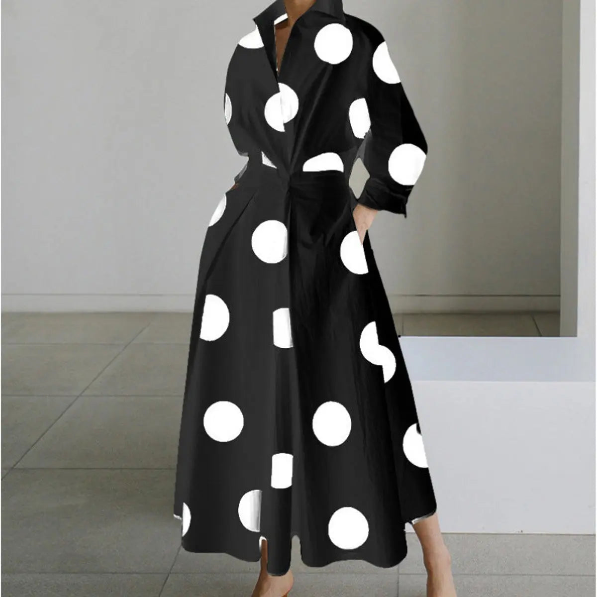 Women's Newspaper Print Collared Wrap Maxi Dress - Black Polka Dot