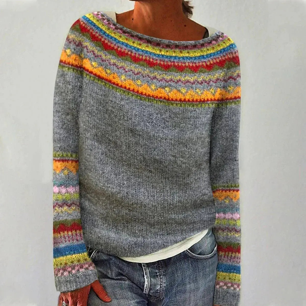 Women's Nordic Jumper Boat Neck Relaxed Fit Multicolour - Grey/Rainbow