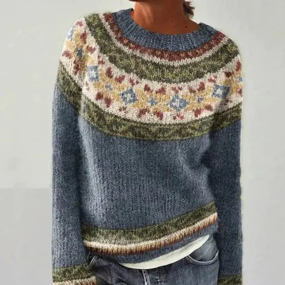 Women's Nordic Jumper Boat Neck Relaxed Fit Multicolour - Grey/Flowers