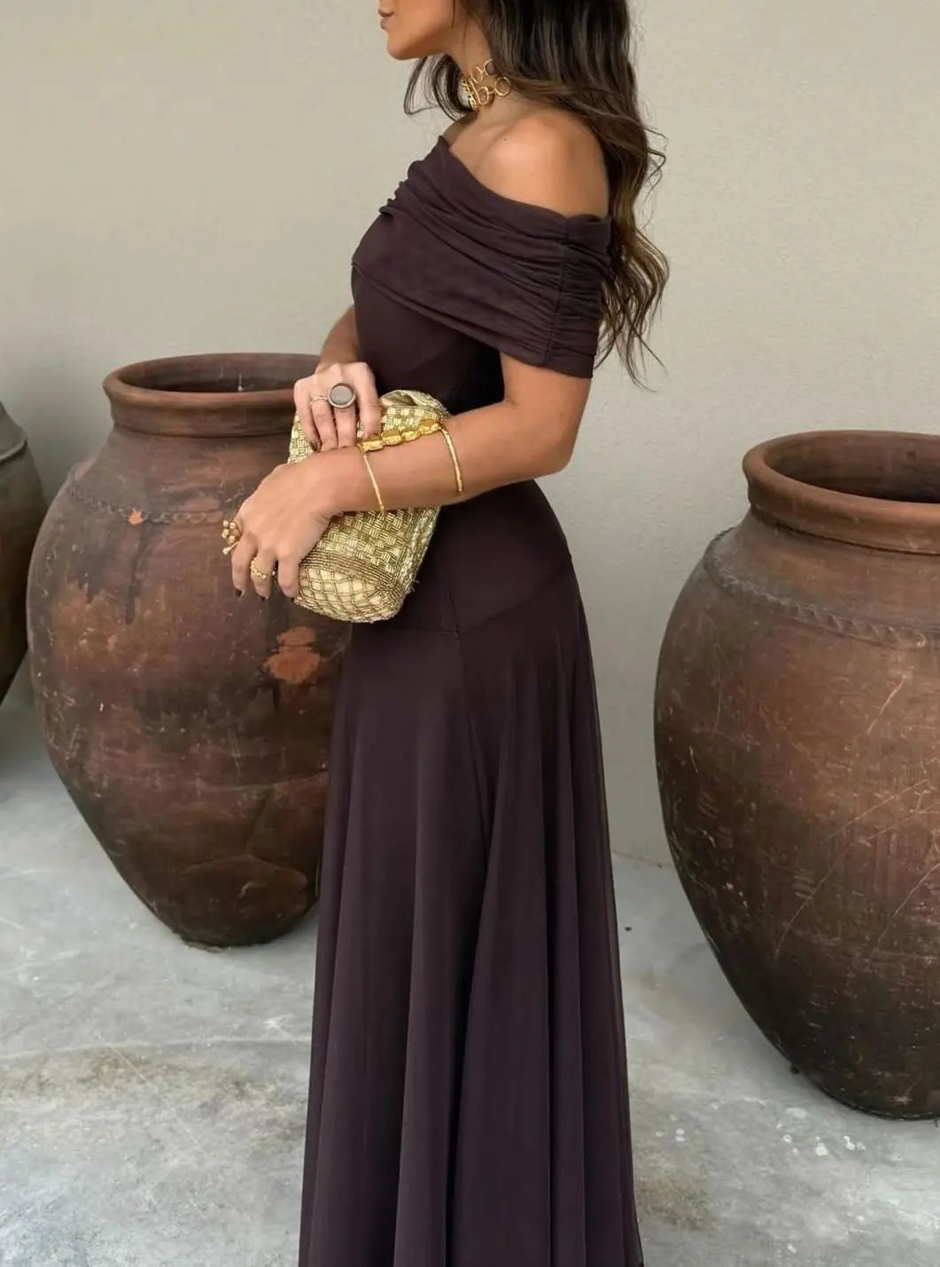 Women's Off-Shoulder Flowing Mesh Long Sleeve Dress Maxi