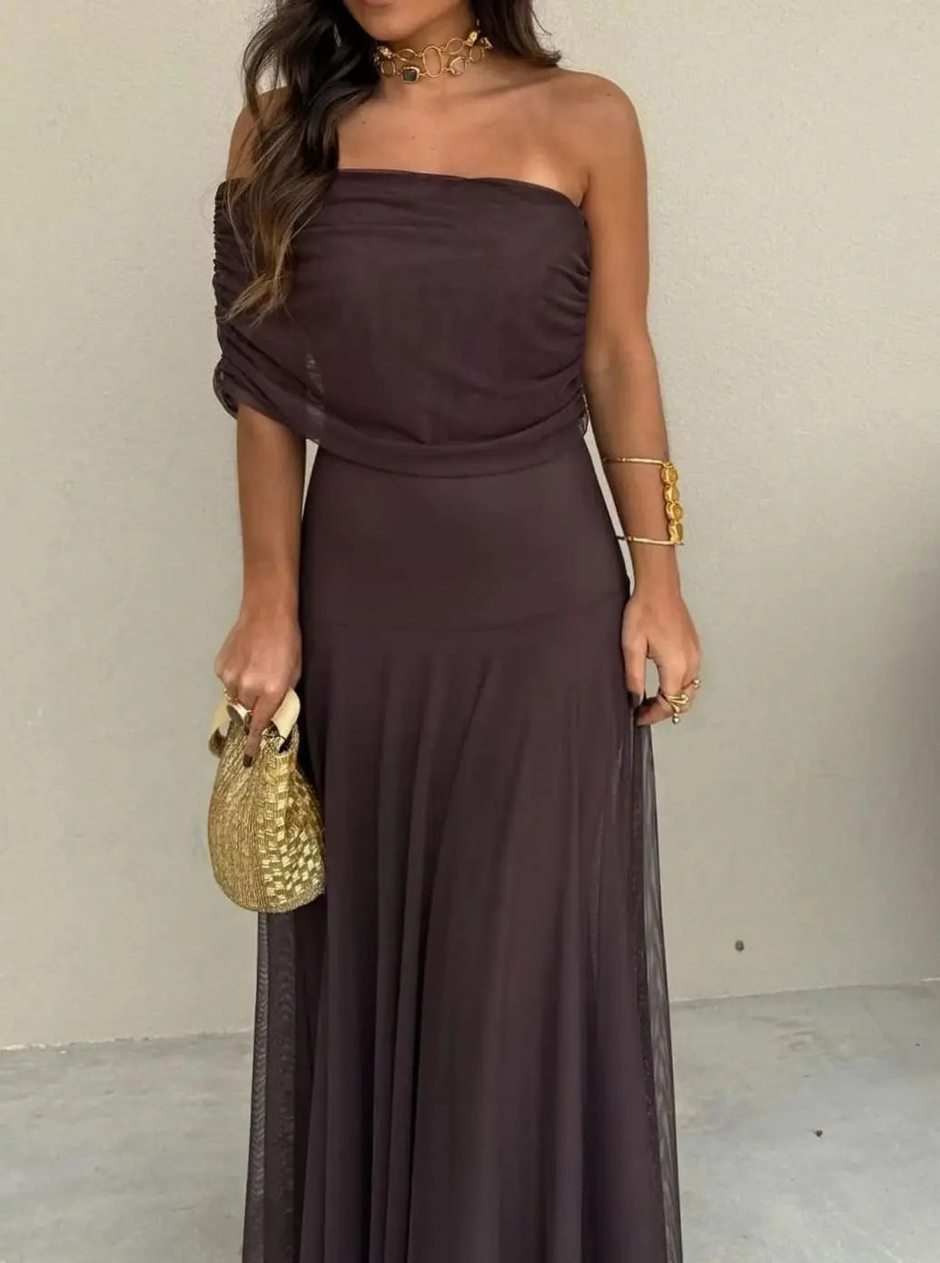 Women's Off-Shoulder Flowing Mesh Long Sleeve Dress Maxi