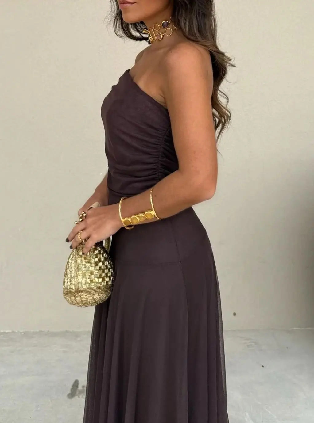 Women's Off-Shoulder Flowing Mesh Long Sleeve Dress Maxi