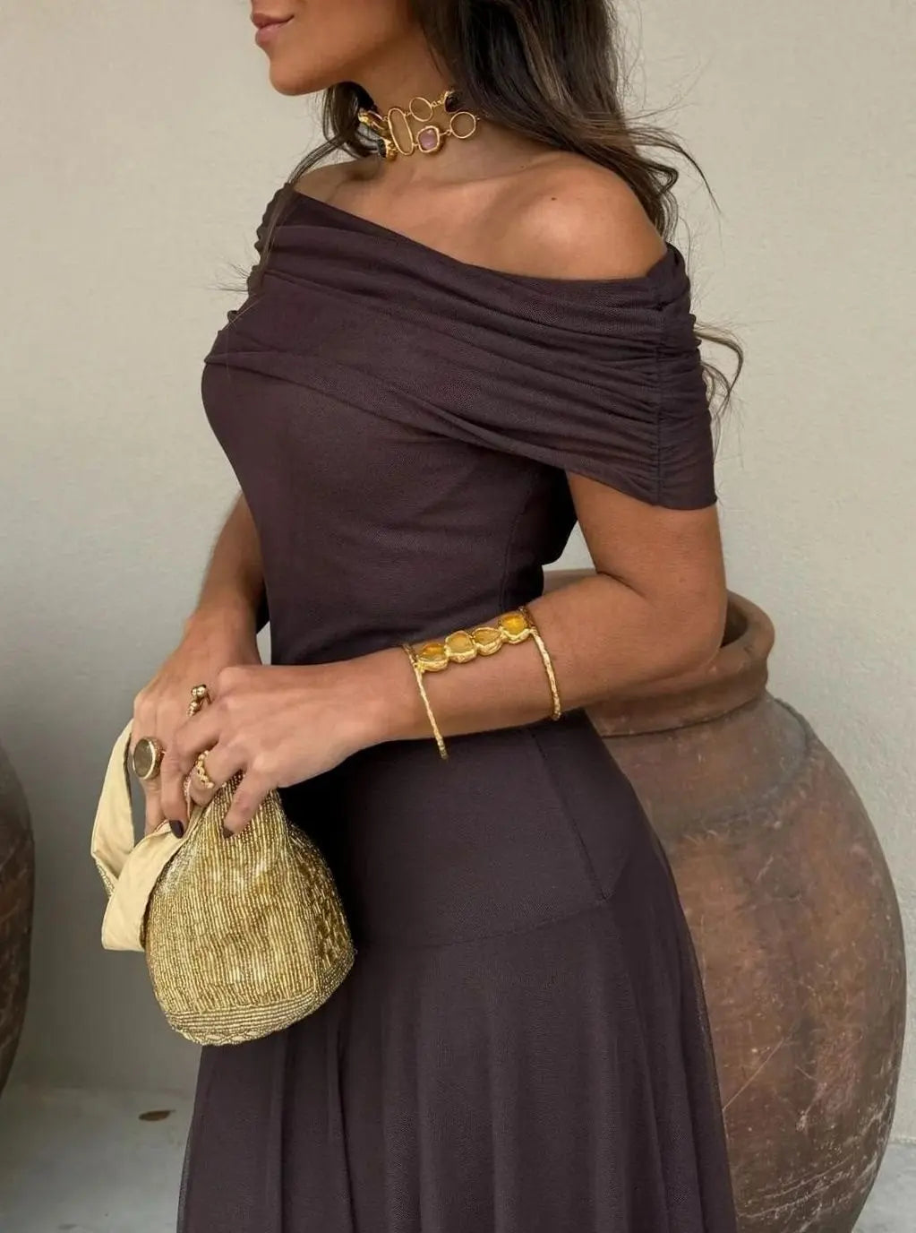 Women's Off-Shoulder Flowing Mesh Long Sleeve Dress Maxi