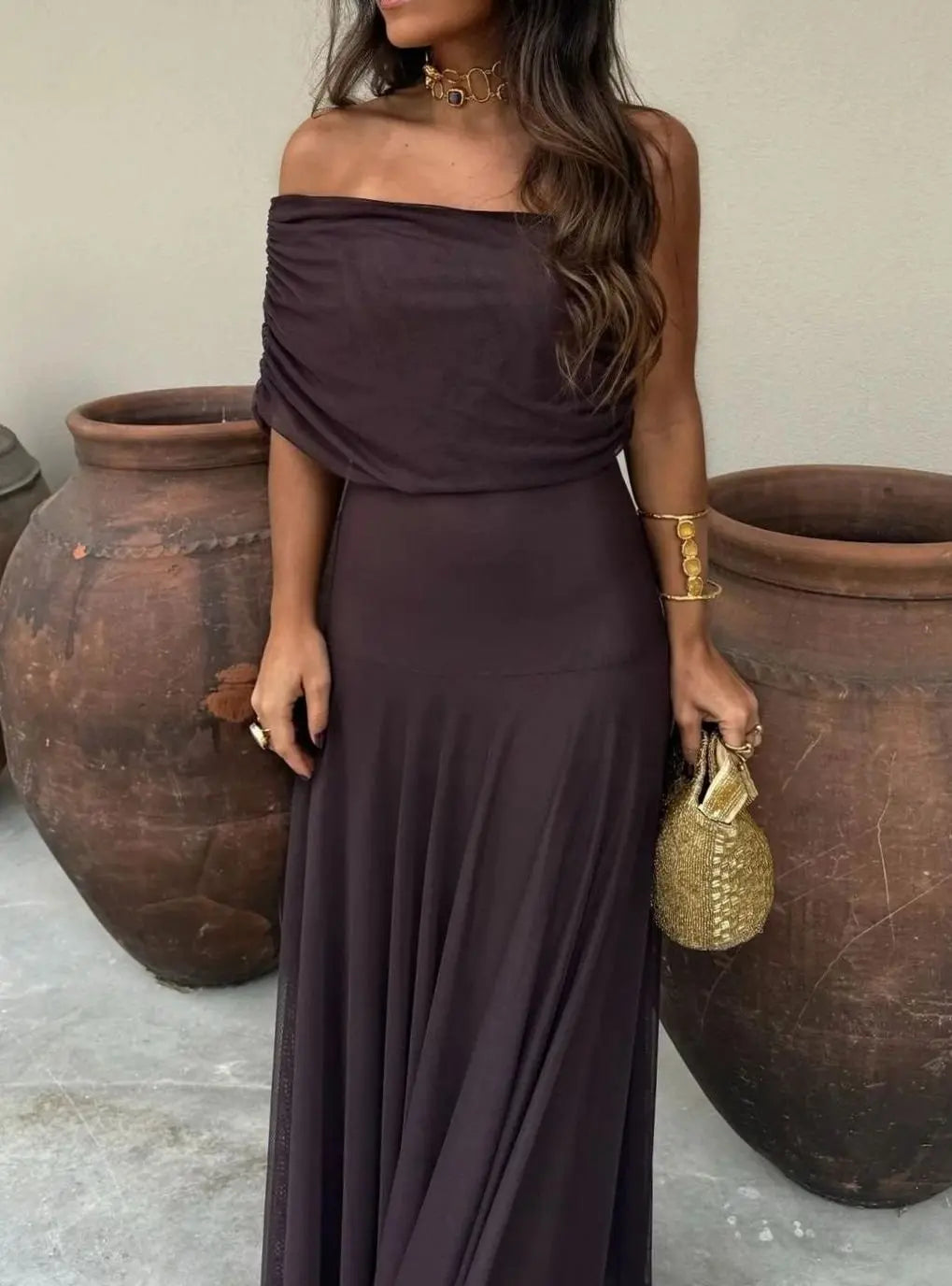 Women's Off-Shoulder Flowing Mesh Long Sleeve Dress Maxi