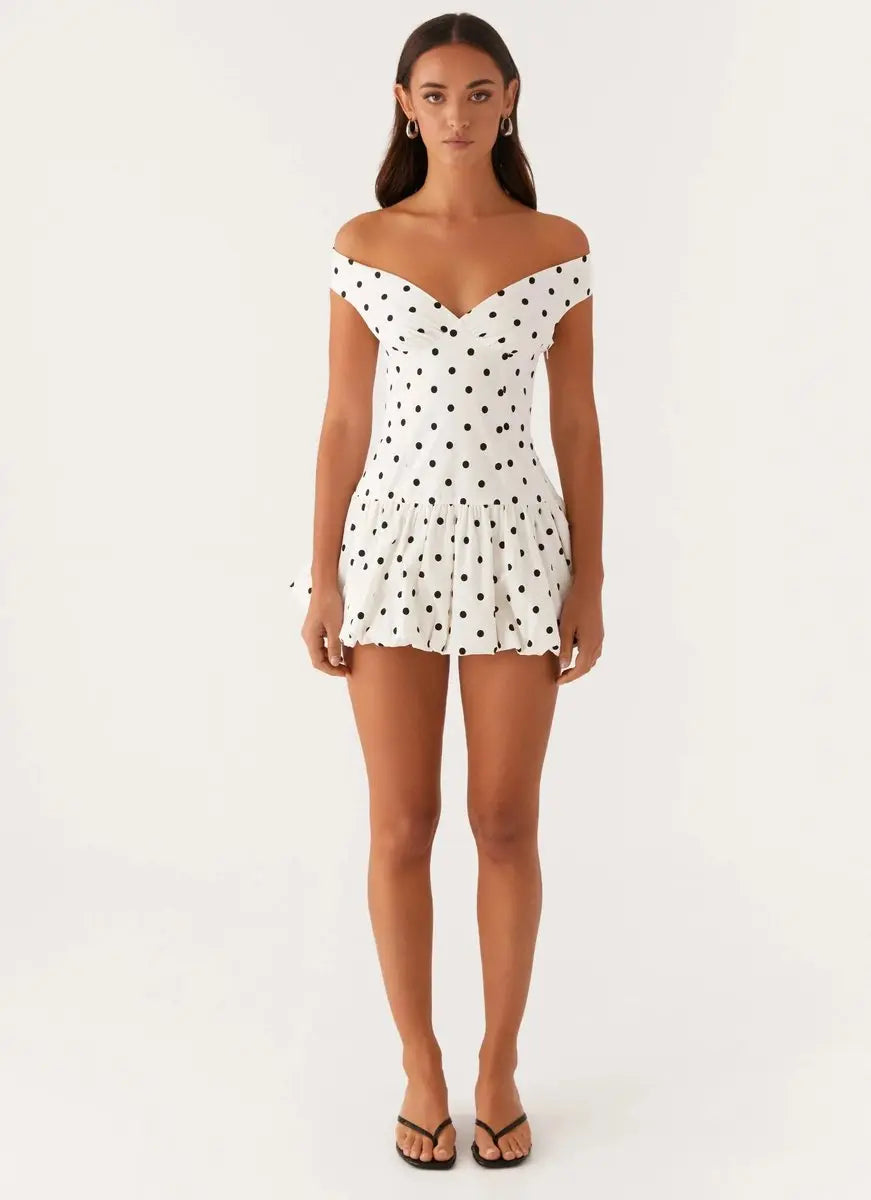 Women's Off-Shoulder Polka Dot Peplum Mini Dress Sleeveless