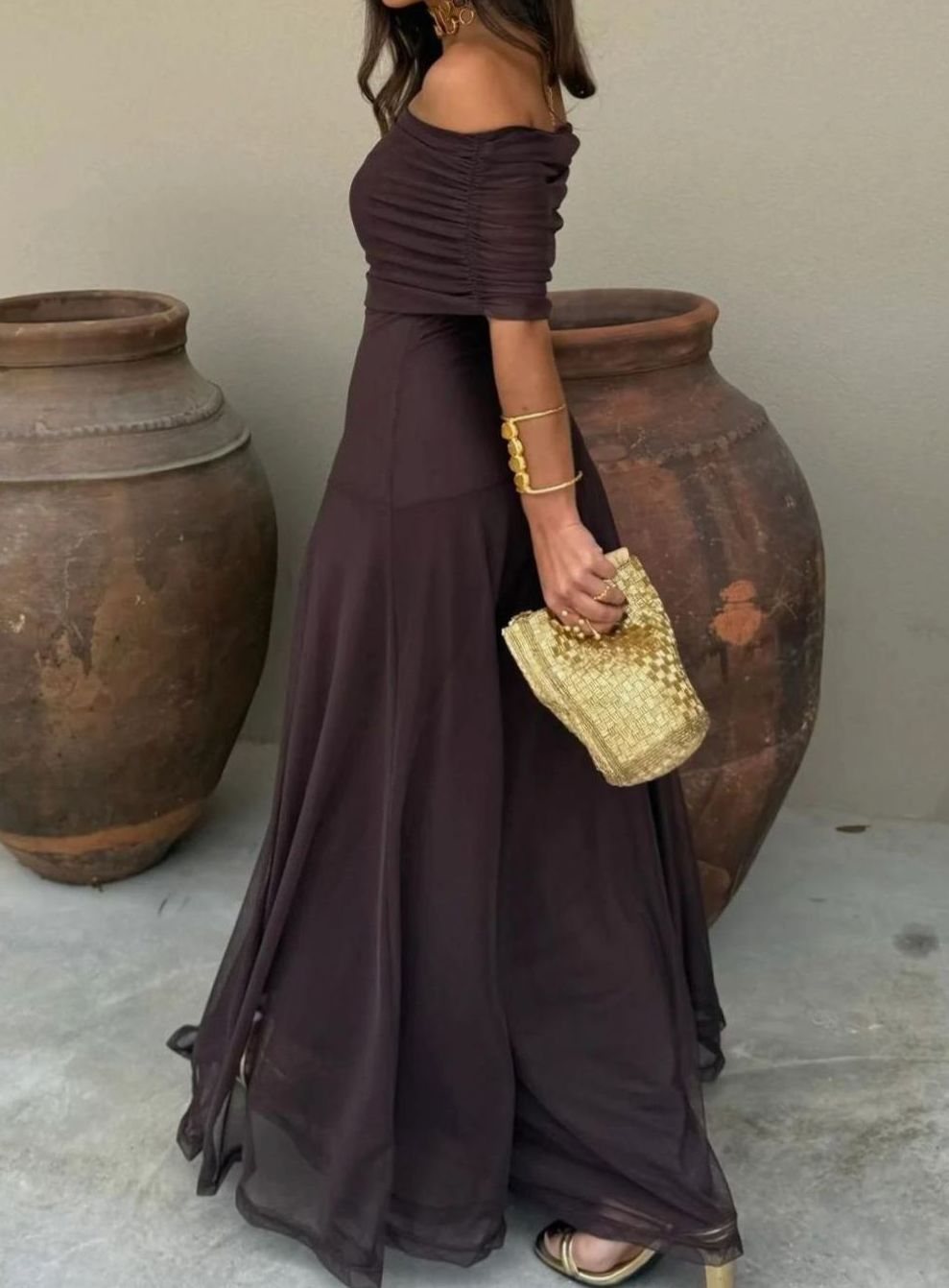 Women's Off-Shoulder Ruched Bodice Mesh Maxi Party Dress