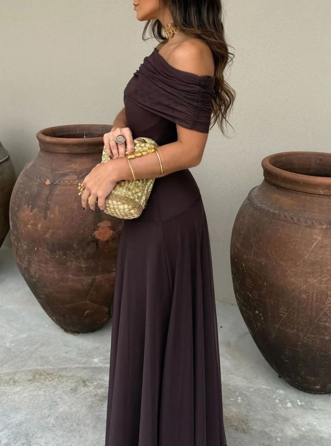 Women's Off-Shoulder Ruched Bodice Mesh Maxi Party Dress