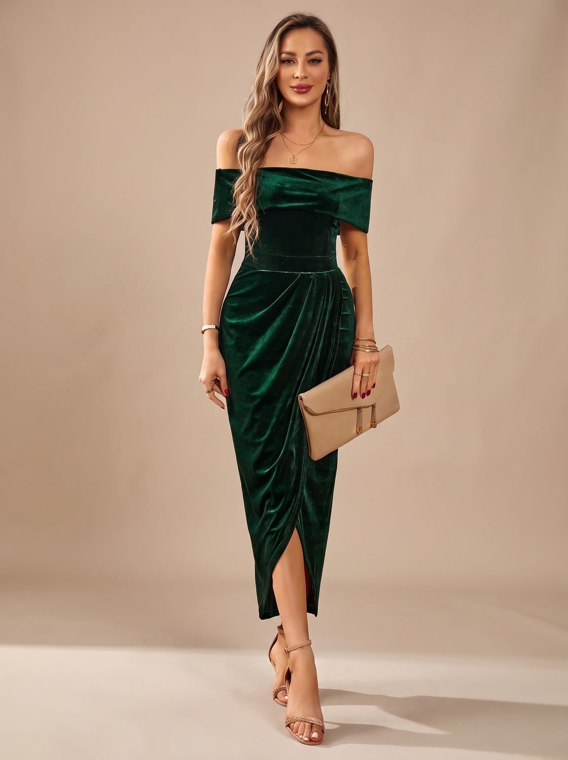 Women's Off-Shoulder Ruched Velvet Midi Dress