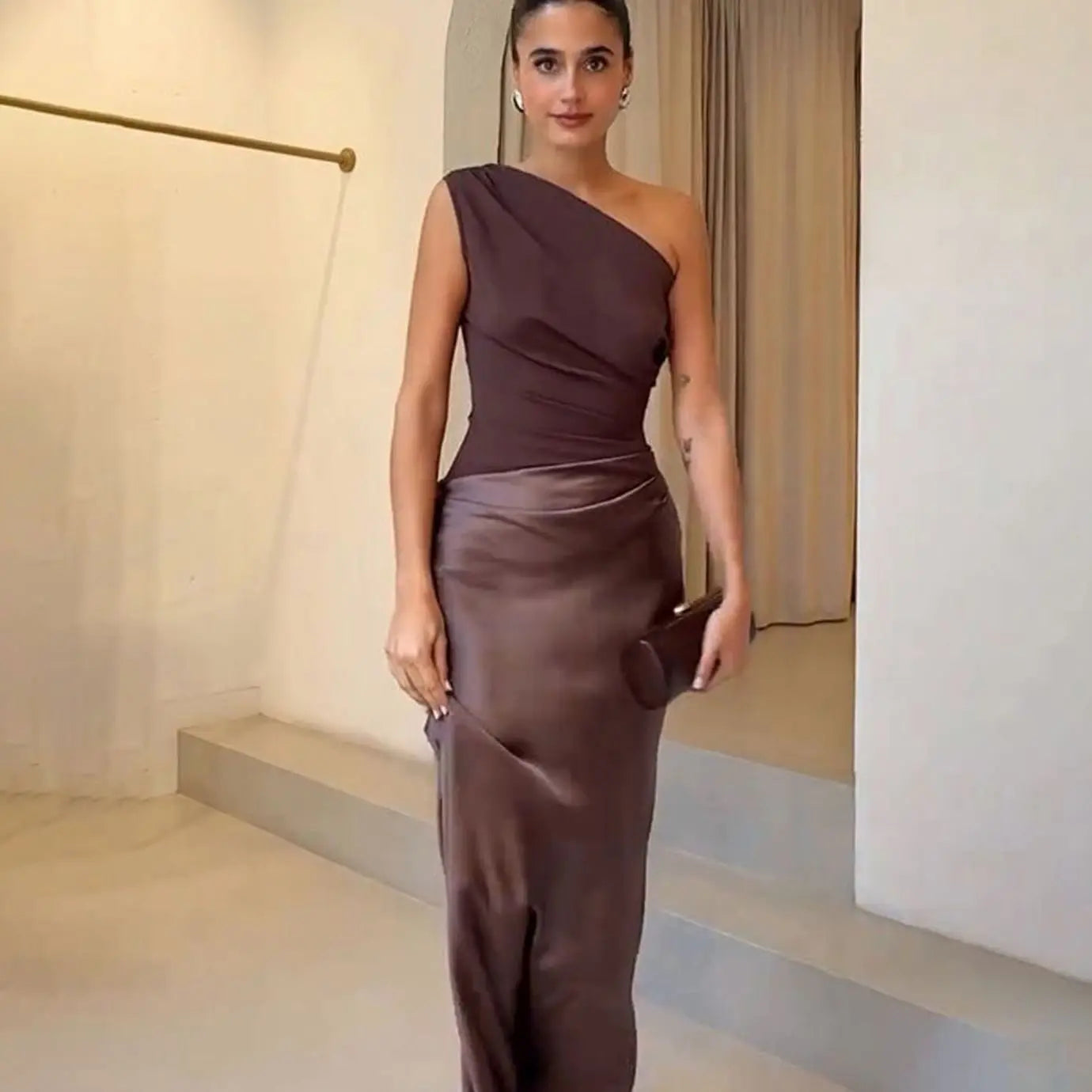 Women's One-Shoulder Asymmetric Satin Maxi Dress