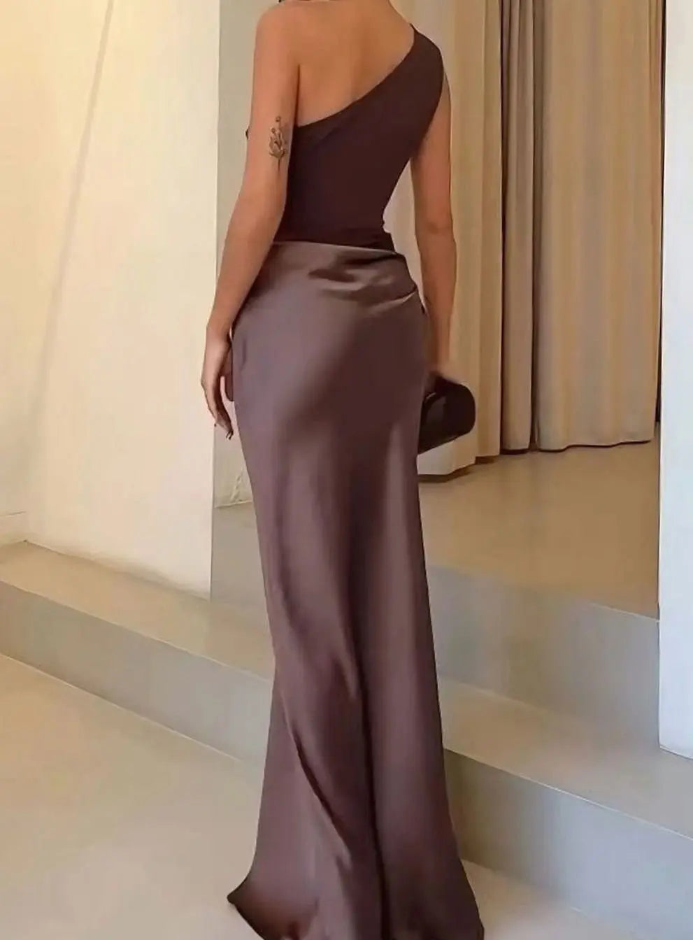 Women's One-Shoulder Asymmetric Satin Maxi Dress