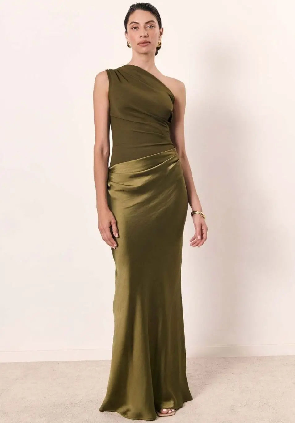 Women's One-Shoulder Asymmetric Satin Maxi Dress - Matcha
