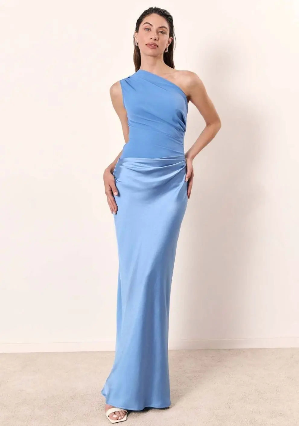 Women's One-Shoulder Asymmetric Satin Maxi Dress - Sky Blue
