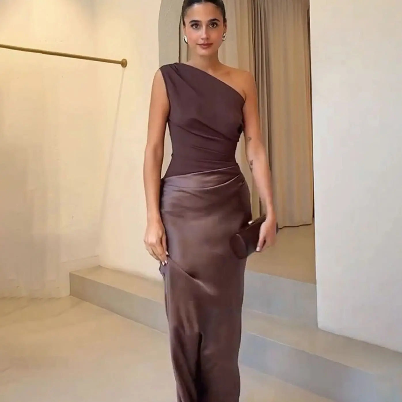 Women's One-Shoulder Asymmetric Satin Maxi Dress