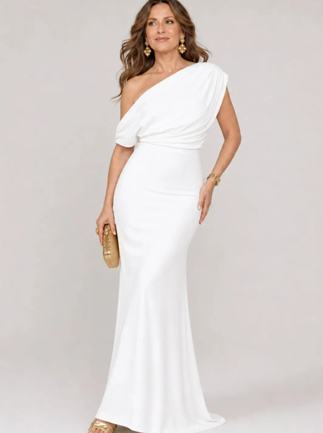 Women's One-Shoulder Draped Maxi Cocktail Dress - White