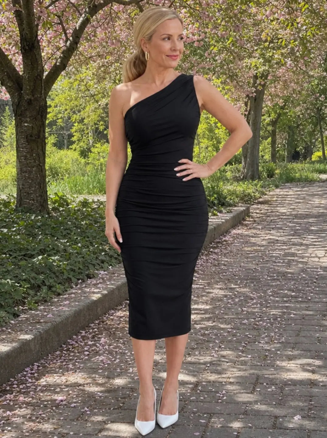 Women's One-Shoulder Ruched Detail Midi Cocktail Dress