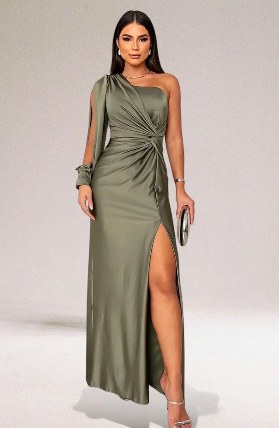 Women's One-Shoulder Satin Twist-Knot Formal Evening Gown - Olive Green