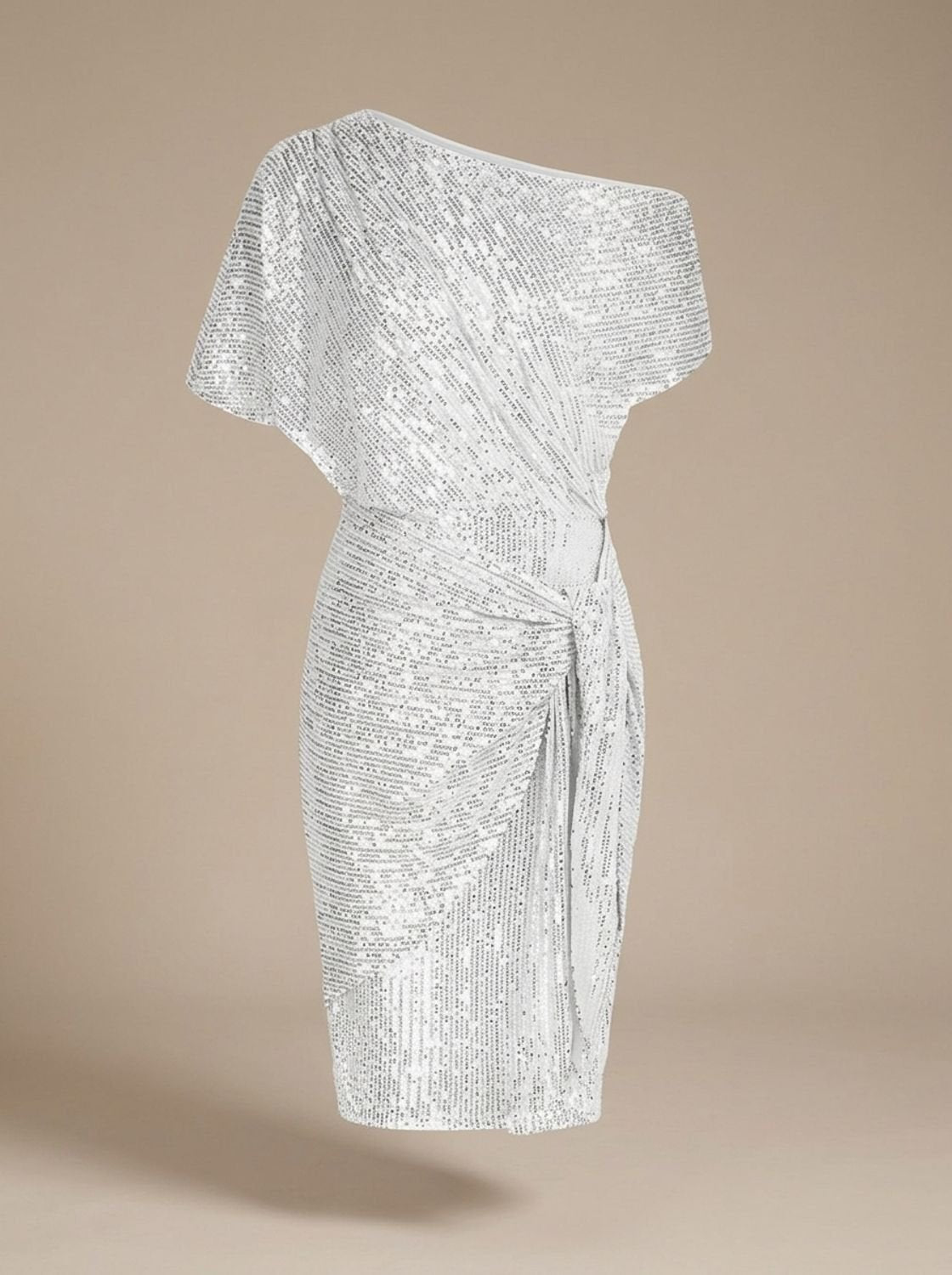 Women's One-Shoulder Sequin Midi Dress Twist-Knot Waist - White