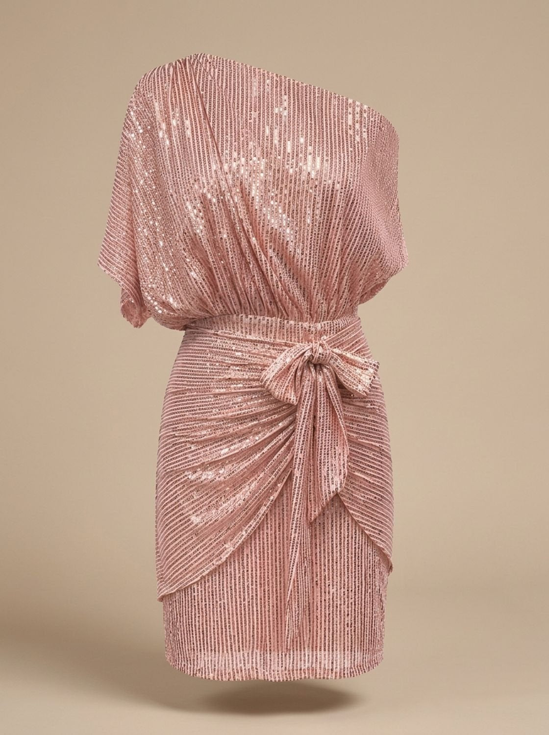 Women's One-Shoulder Sequin Midi Dress Twist-Knot Waist