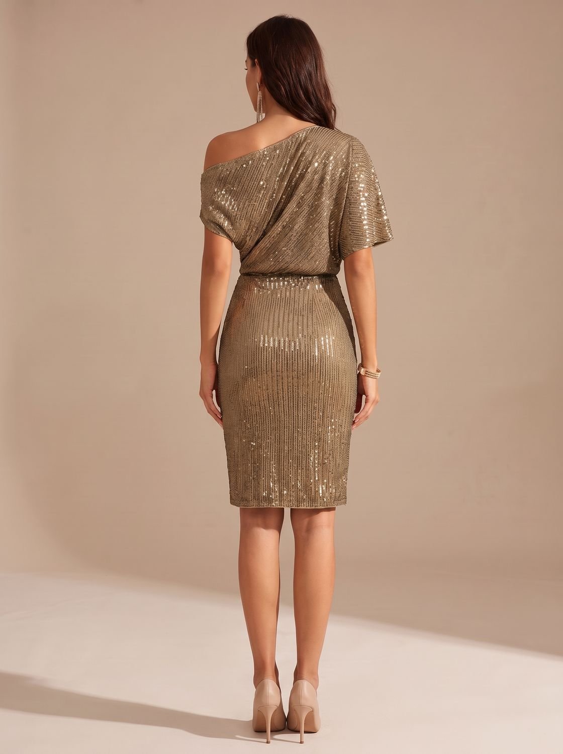 Women's One-Shoulder Sequin Midi Dress Twist-Knot Waist - Brown