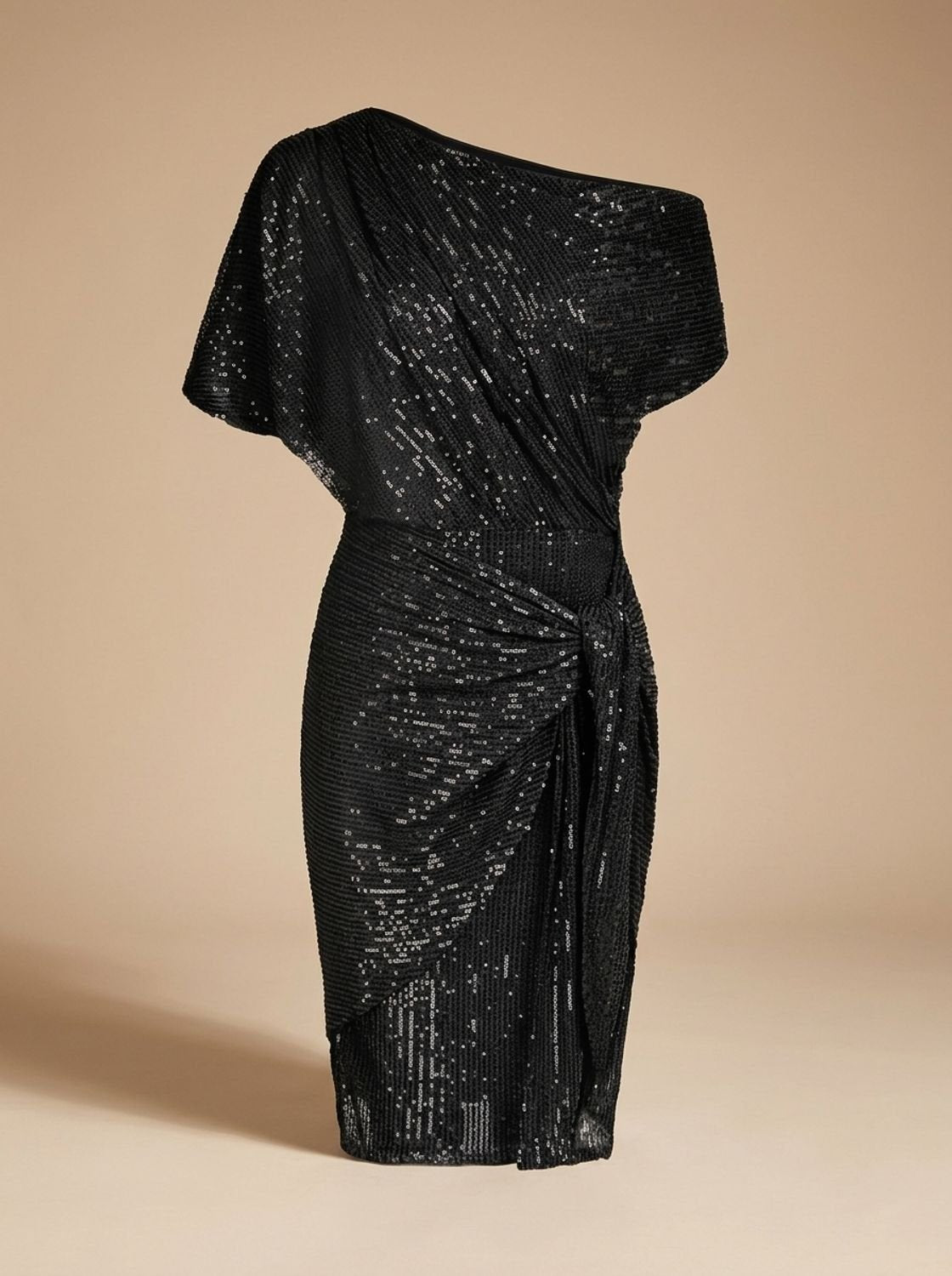 Women's One-Shoulder Sequin Midi Dress Twist-Knot Waist - Black