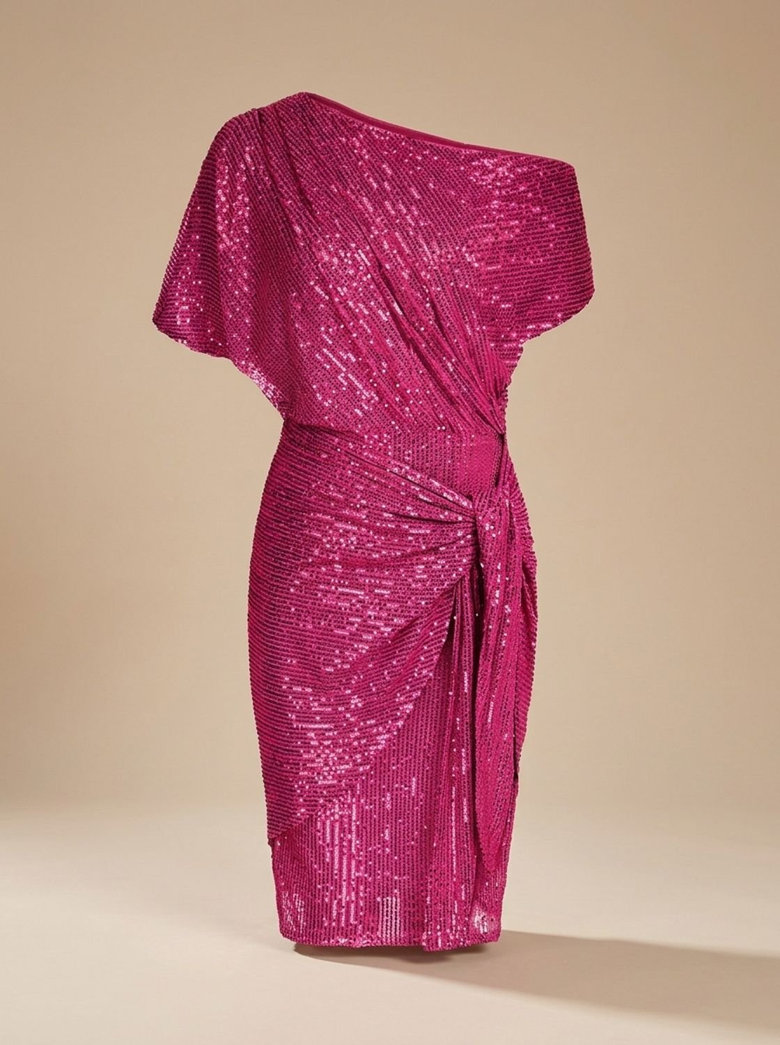 Women's One-Shoulder Sequin Midi Dress Twist-Knot Waist - Pink