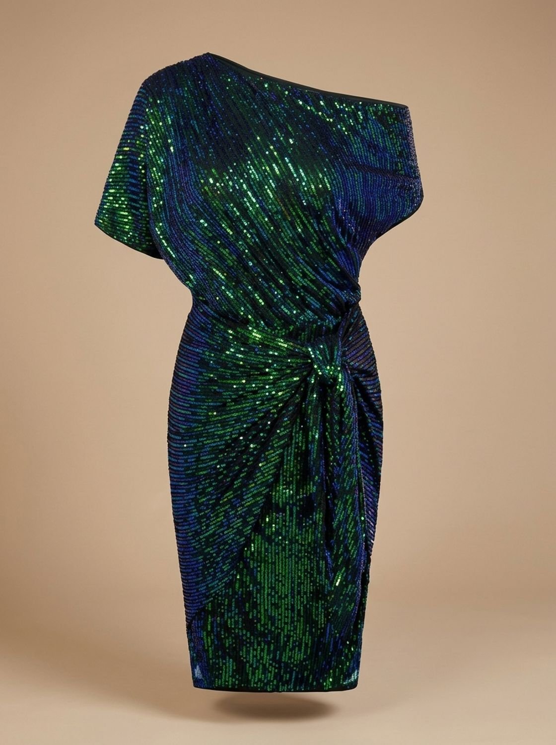 Women's One-Shoulder Sequin Midi Dress Twist-Knot Waist - Dark Green