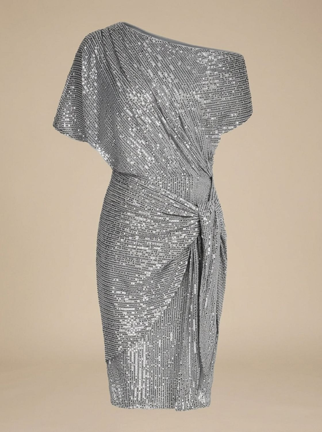 Women's One-Shoulder Sequin Midi Dress Twist-Knot Waist - Light Grey