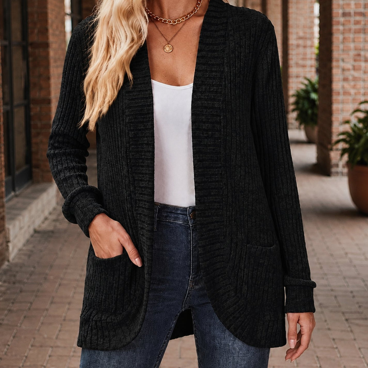 Women's Open-Front Ribbed Knit Cardigan with Patch Pockets - Black