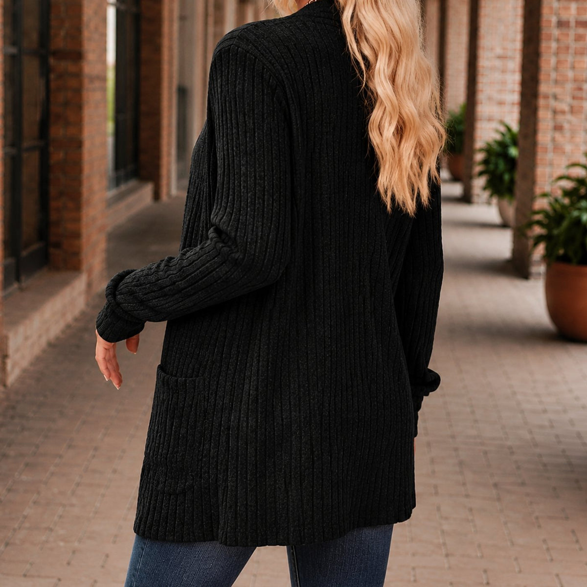 Women's Open-Front Ribbed Knit Cardigan with Patch Pockets