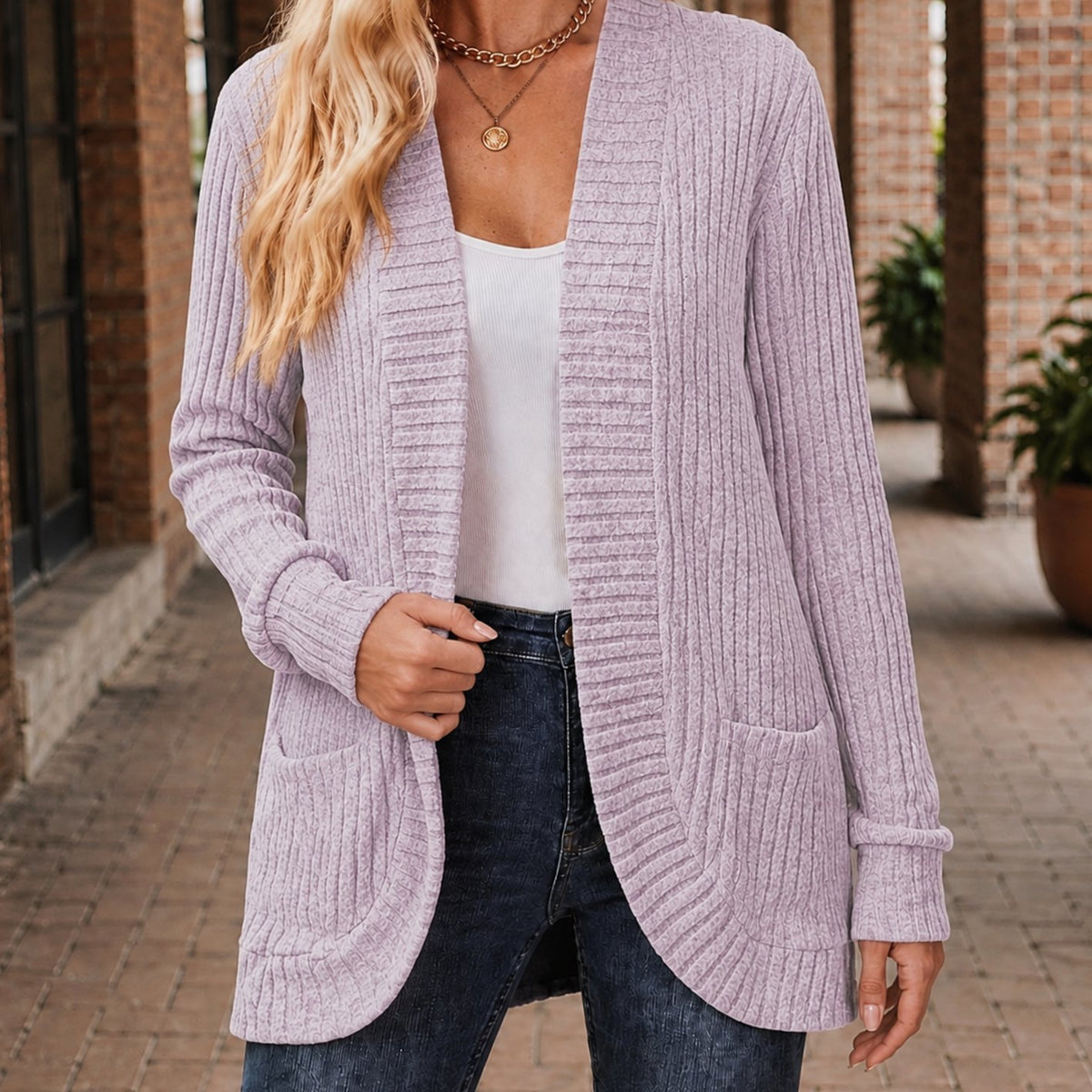 Women's Open-Front Ribbed Knit Cardigan with Patch Pockets - Light Purple