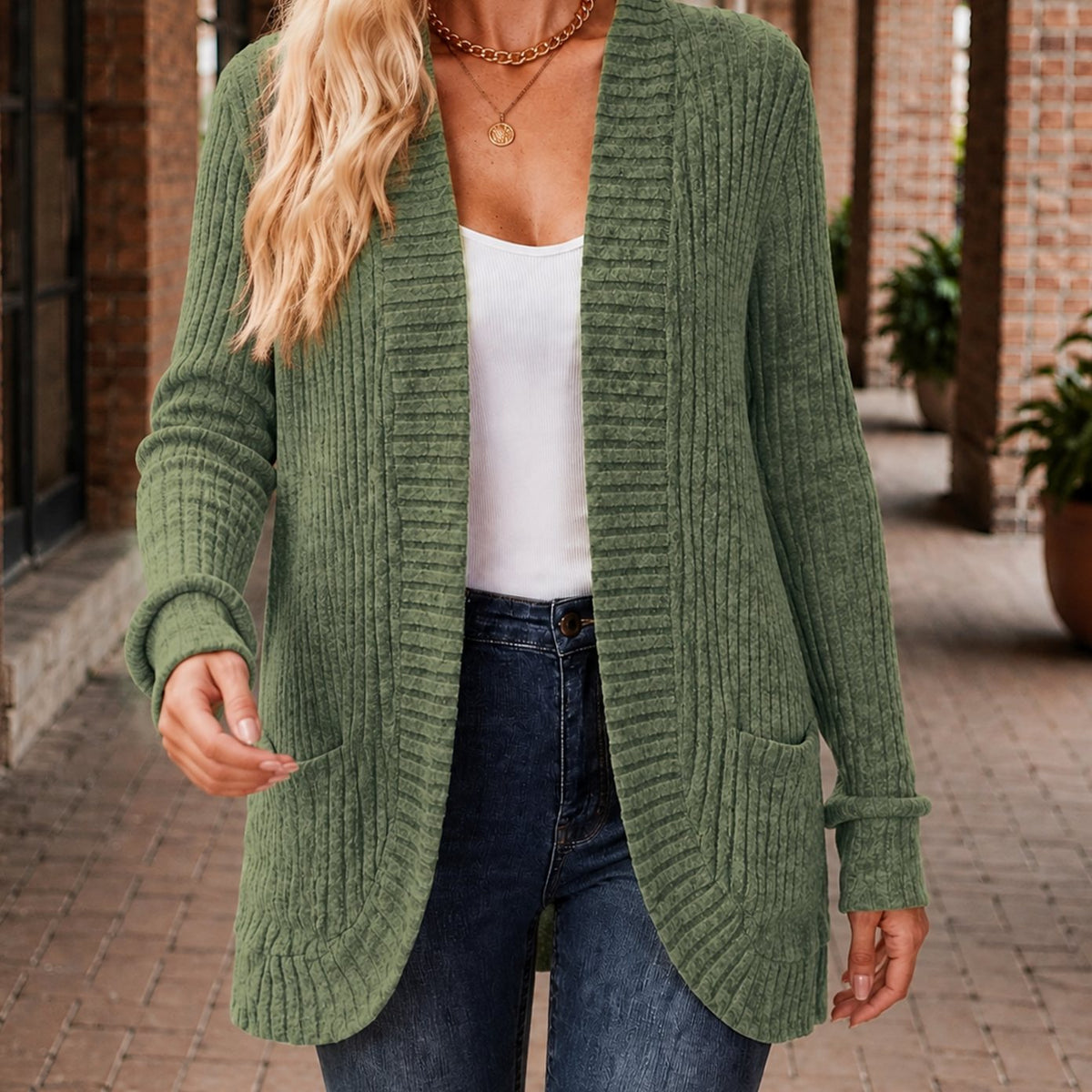 Women's Open-Front Ribbed Knit Cardigan with Patch Pockets - Fern Green