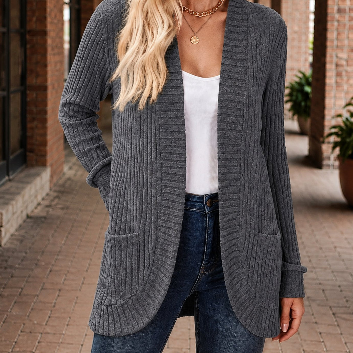 Women's Open-Front Ribbed Knit Cardigan with Patch Pockets - Lead Grey