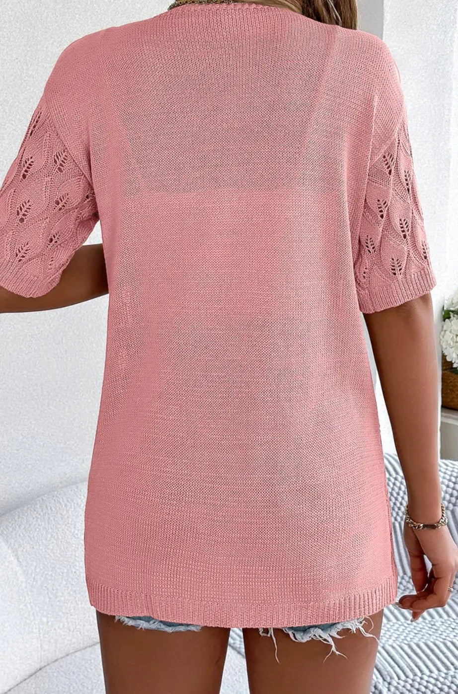 Women's Open-Front Short-Sleeve Crochet Knit Sweater Cardigan
