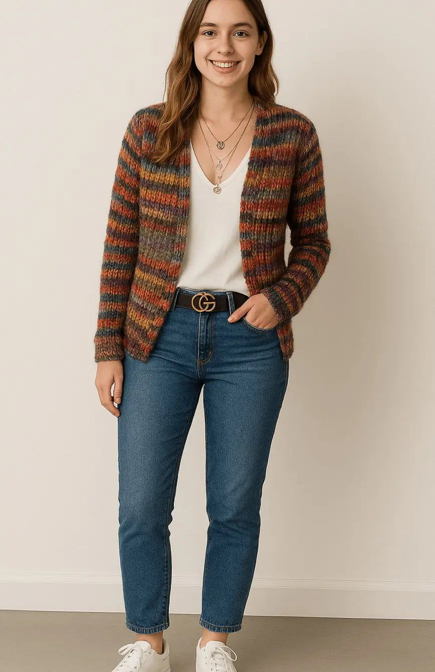 Women's Open-Front Striped Chunky Knit Cardigan Sweater