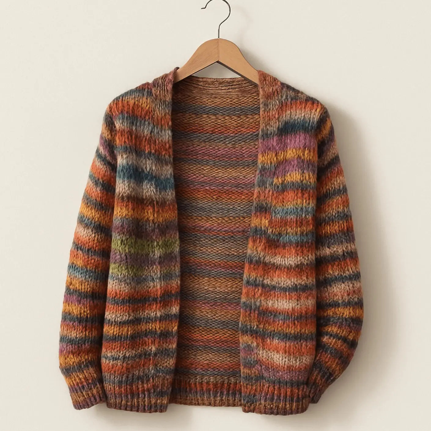 Women's Open-Front Striped Chunky Knit Cardigan Sweater - Red