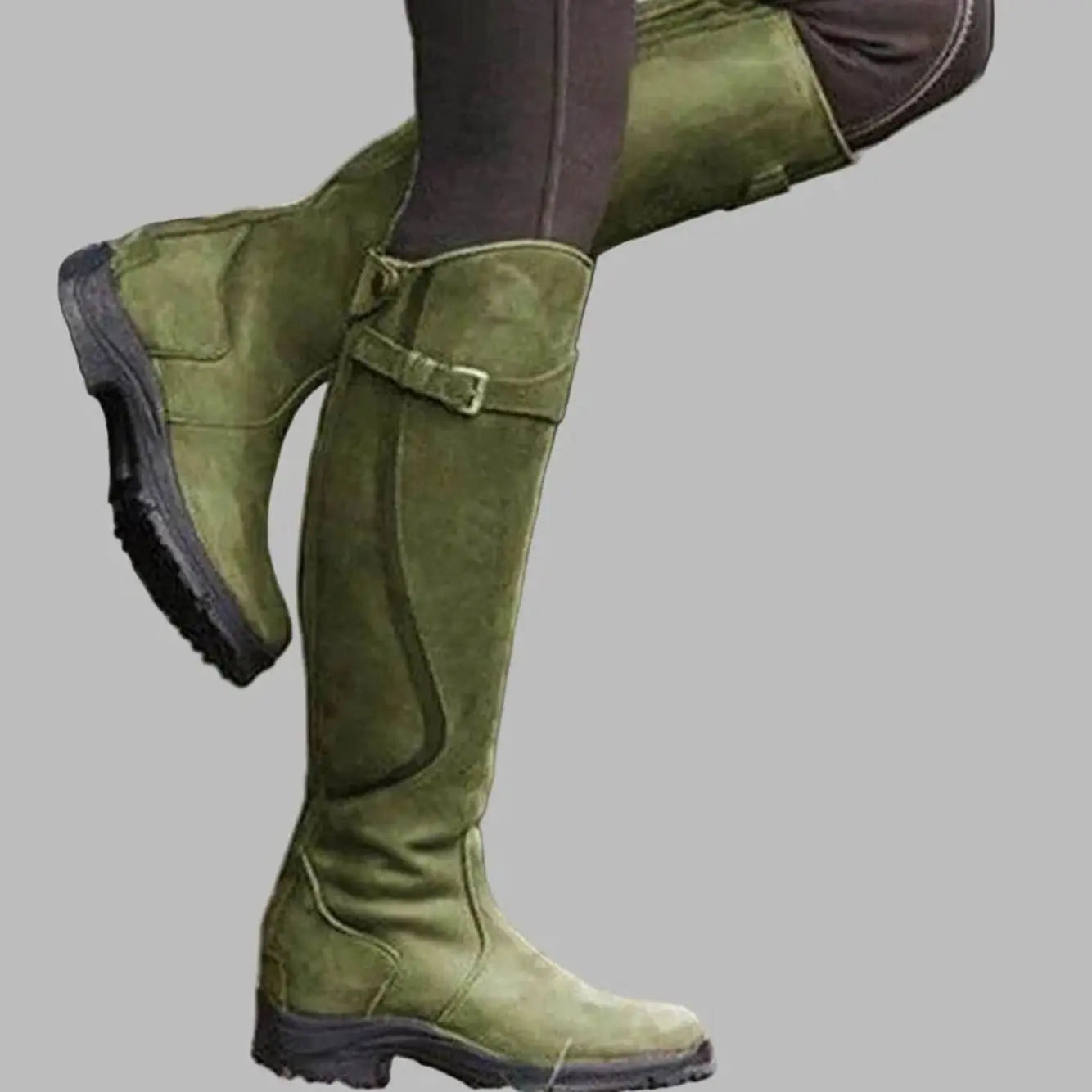 Women's Orthopaedic Knee-High Buckle Leather Boots - Green