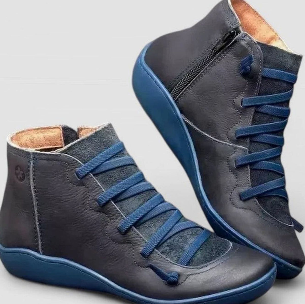 Women's Orthopaedic Lace-Up Ankle Boots Low Wedge Side Zip - Blue