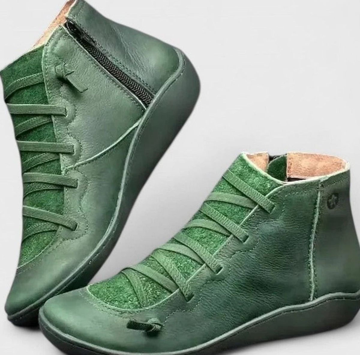 Women's Orthopaedic Lace-Up Ankle Boots Low Wedge Side Zip - Green