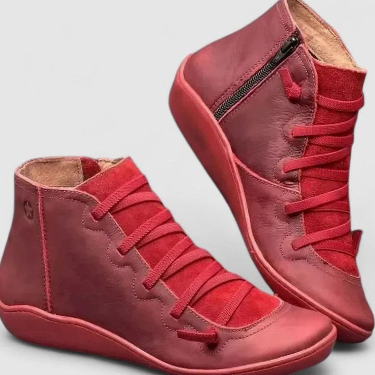 Women's Orthopaedic Lace-Up Ankle Boots Low Wedge Side Zip - Red