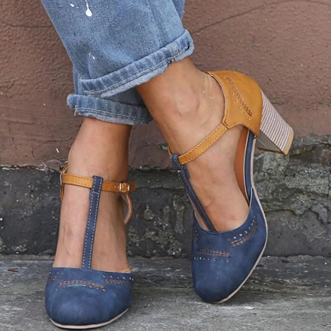 Women's Orthopaedic T-Bar Block Heeled Shoes Ankle Strap - Blue