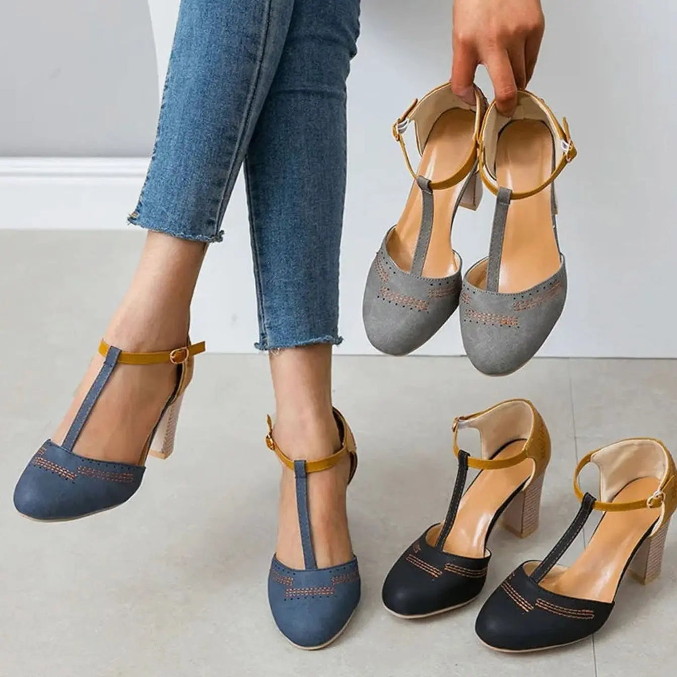 Women's Orthopaedic T-Bar Block Heeled Shoes Ankle Strap