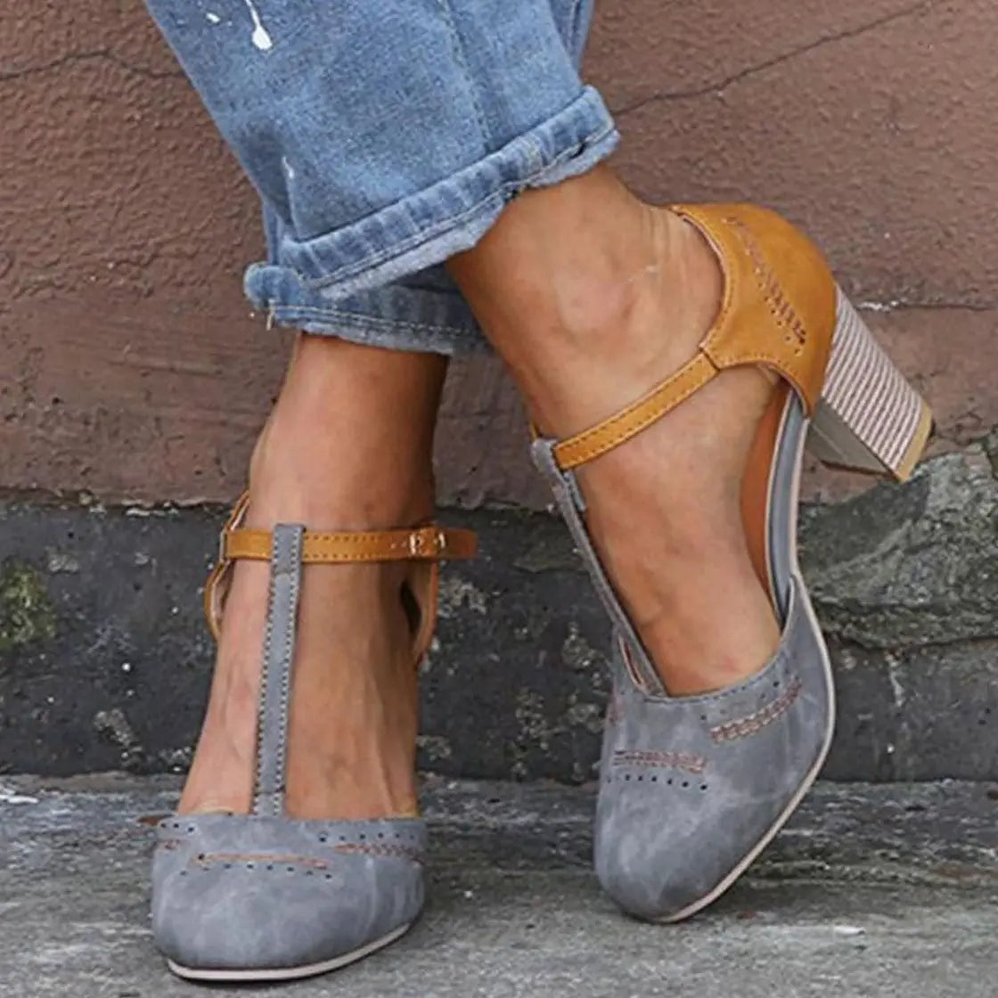 Women's Orthopaedic T-Bar Block Heeled Shoes Ankle Strap - Grey